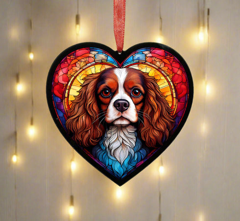 Cavalier King Charles Spaniel Stained Glass Effect Heart Suncatcher
